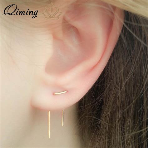 Qiming Double Piercing Simple Earrings Double Lobe Gold Cheap Threader