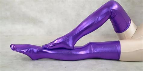 Woman Purple Shiny Metallic Sexy Thigh High Socks Fetish Unisex Zentai
