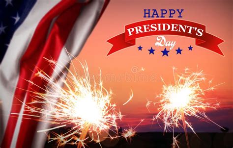 Happy President`s Day Federal Holiday Burning Sparkler And American