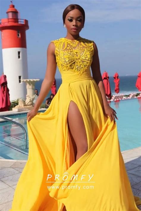 Unique Yellow Chiffon Long Prom Dress With Thigh High Slit