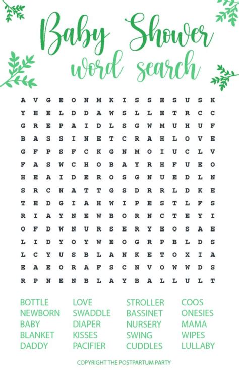 Maybe you would like to learn more about one of these? Free Printable Baby Shower Word Search - The Postpartum Party