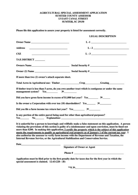 Agricultural Special Assessment Application Form Sumter