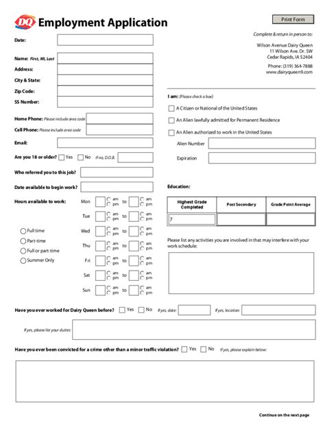 Printable Job Application Form For Dairy Queen Printable Forms Free
