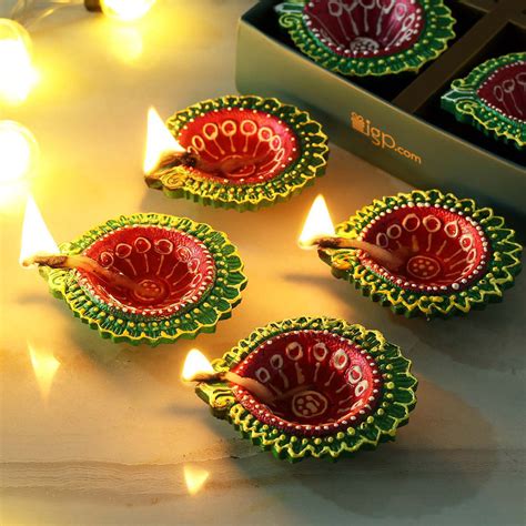Multi Colored Hand Painted Clay Diya Set Of 4 Tsend Diwali Ts