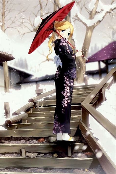 Download Wallpaper 800x1200 Anime Geisha Kimono Winter