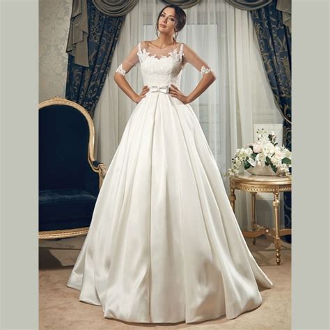 There is a big range of ball gown wedding dresses. 2015 Elegant White Satin Wedding Dresses Sweep Train 1/2 ...