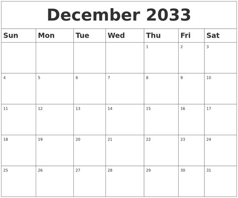 December 2033 Blank Calendar