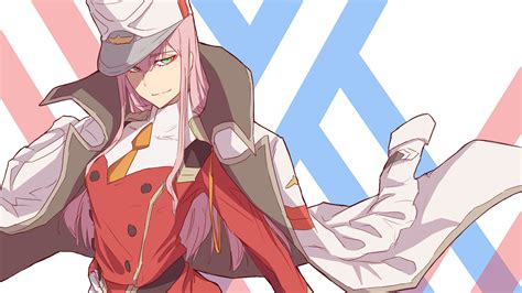 A collection of the top 40 darling in the franxx wallpapers and backgrounds available for download for free. Darling In The FranXX Zero Two Hiro With Hat With Background Of White And Blue And Pink Cross ...