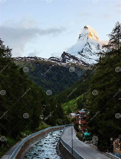 The Iconic Mount Matterhorn Peak View From Zermatt Village At Twilight