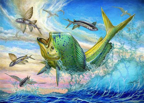 Jumping Mahi Mahi And Flyingfish Painting By Terry Fox Pixels