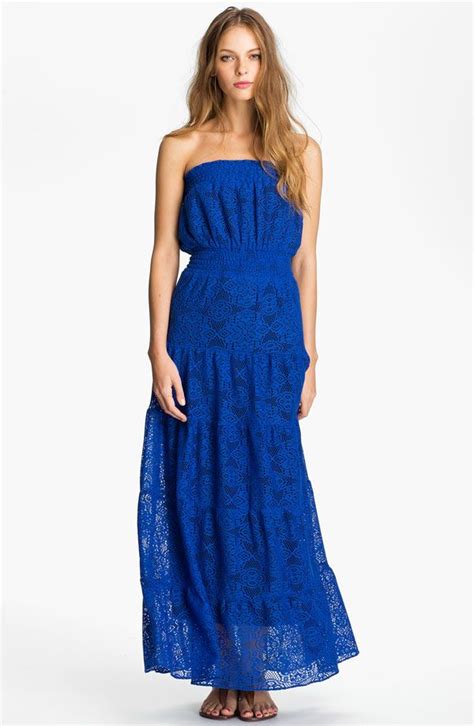 Blue Strapless Tiered Lace Maxi Dress Dresses Lace Maxi Dress