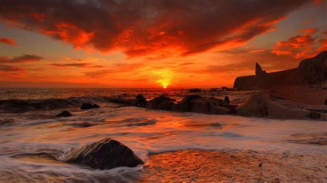 Sea Waves On Rocks During Sunrise Under Red Cloudy Sky Hd Nature