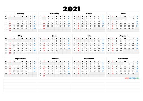 2021 Printable Yearly Calendar With Week Numbers 6 Templates Images