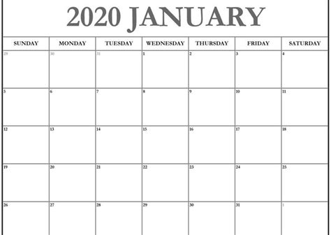 Editable January 2020 Calendar Weekly Blank Template Free Calendar