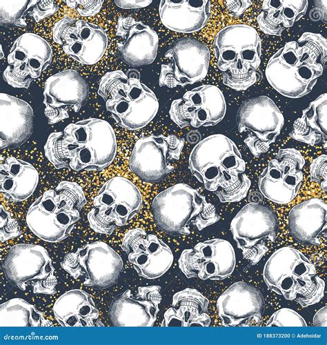 Skull Glitter Gold Seamless Pattern Halloween Wallpaper Stock Photo