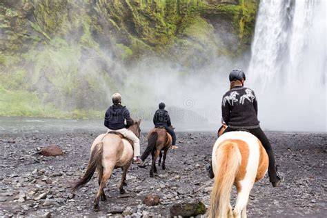 Horseback Riding At Skogafoss Waterfall Iceland Stock Image Image Of