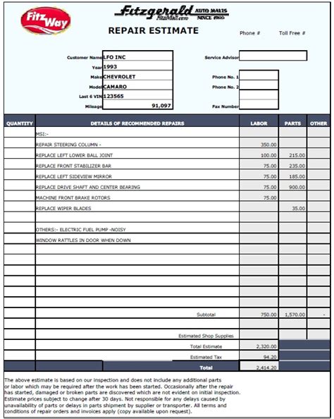 Car Repair Estimate Template