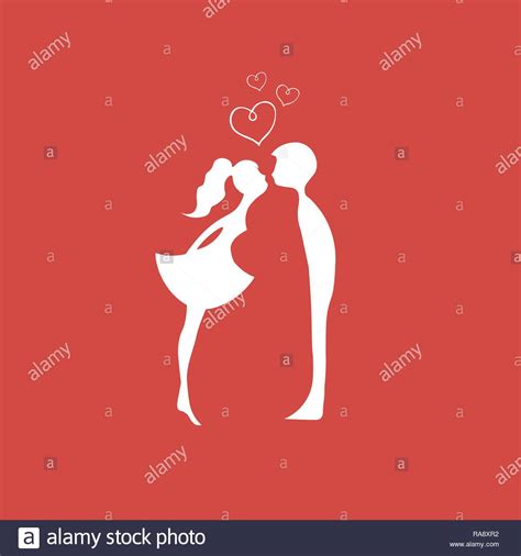 Red Silhouettes Of Kissing Boy And Girl Kissing Couple Of Young Lovers