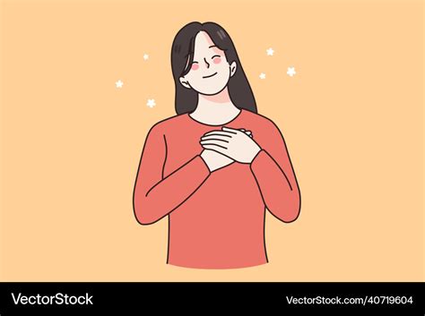 Happy Woman Hold Hands At Chest Feel Grateful Vector Image