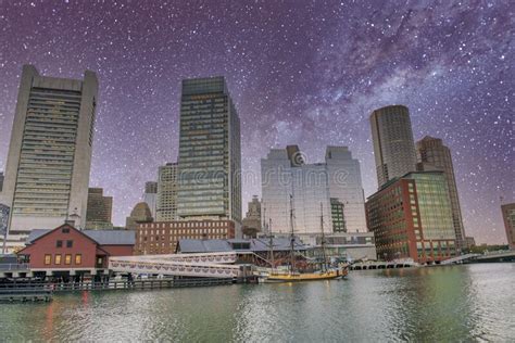 Boston Skyscrapers And River Under A Starry Night Massachusetts