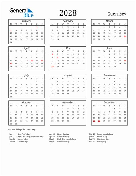 2028 Guernsey Calendar With Holidays