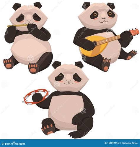 Three Cute Pandas Playing Musical Instruments Isolates On A White