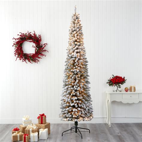 9' Flocked Pencil Artificial Christmas Tree with 600 Clear Lights and 896 Bendable Branches ...