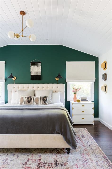 transitional master bedroom  green accent wall hgtv