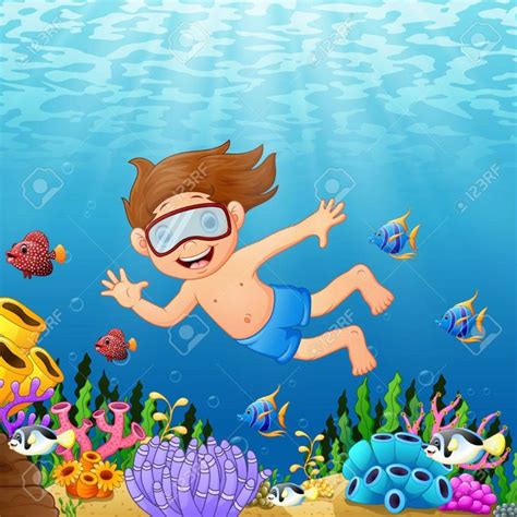Cartoon Boy Swimming In The Sea With Fish Stock Photo Picture And