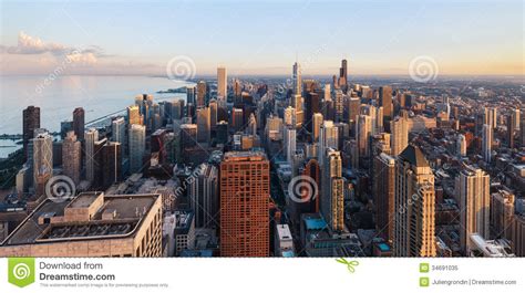 Chicago Skyline Aerial View From Above Lake Michigan And City Of
