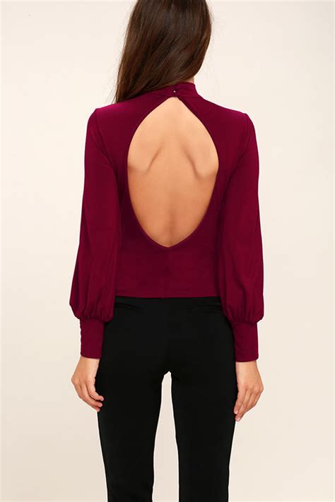 Chic Wine Red Top Long Sleeve Top Mock Neck Top Backless Top 3400