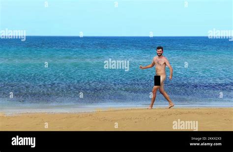 Nude Happy Man Jump Nudist Beach Sea Censored Dick Naked People Crazy Nidism Stock Video