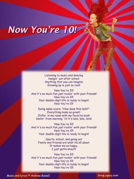 10 Year Old Girls Birthday Party Lyric Sheet For Original 10th