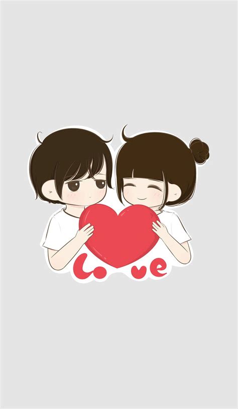 Download Cute Cartoon Couple Holding Heart Wallpaper