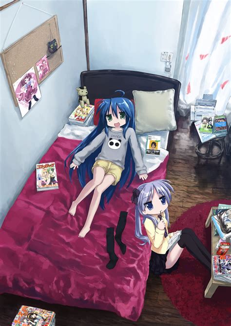 Safebooru Ahoge Annotated Barefoot Bed Bedroom Black Legwear Black Thighhighs Blue Eyes Blue