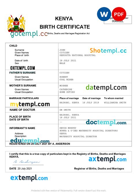 Kenya Vital Record Birth Certificate Word And Pdf Template Completely