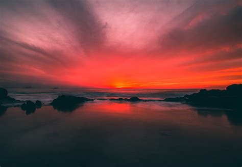 Red Sky Sunset Horizon Scenic Beach Landscape Hd Wallpaper Peakpx