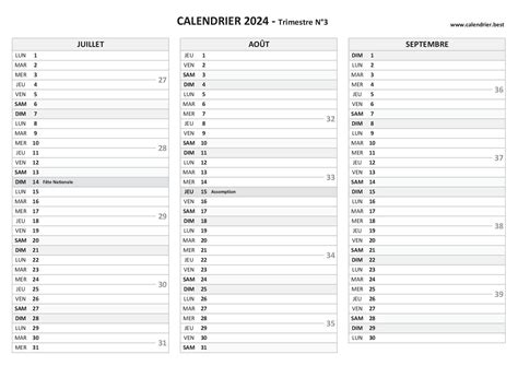 Calendrier 2024 Trimestriel à Imprimer