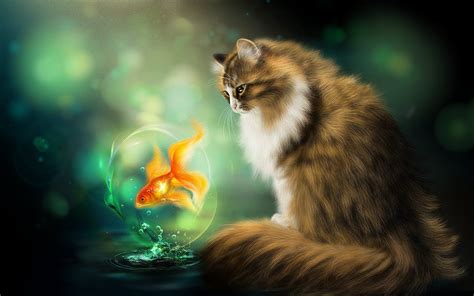 Cats Fish Painting Art Fantasy Animals Wallpapers Wallpapers Hd