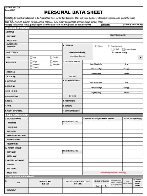 Cs Form No 212 Revised Personal Data Sheet 2new
