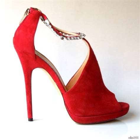 Jimmy Choo Red 405 105 Shoes Jeweled Suede Ankle Strap New 1595
