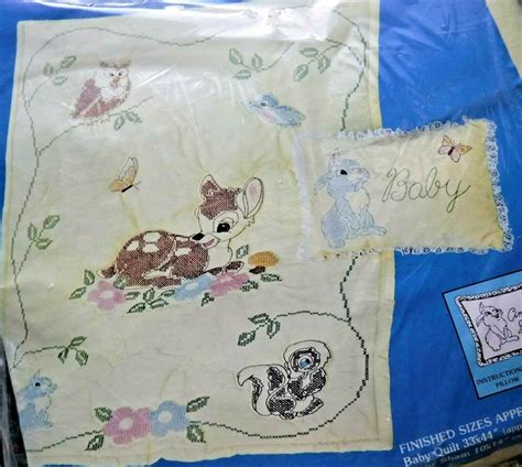 New Vtg 1981 Walt Disney Bambi Baby Crib Quilt And Pillow Sham Cross