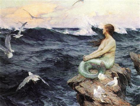 Vintage Victorian Mermaid Sea Nymph Ocean Seagull Canvas Antique Art