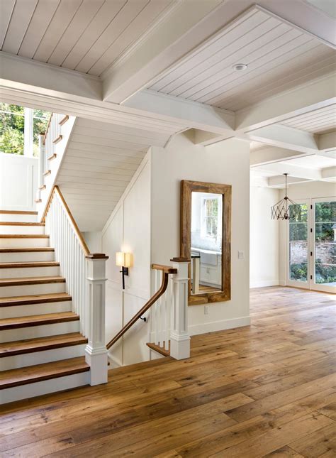Gaile guevara interior design team: Natural wood with cottage white walls, white railing. Love the floors and the stairs | House ...
