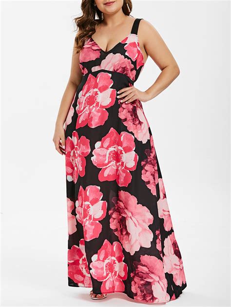 V Neck Plus Size Floral Print Chiffon Maxi Dress 32 Off Rosegal