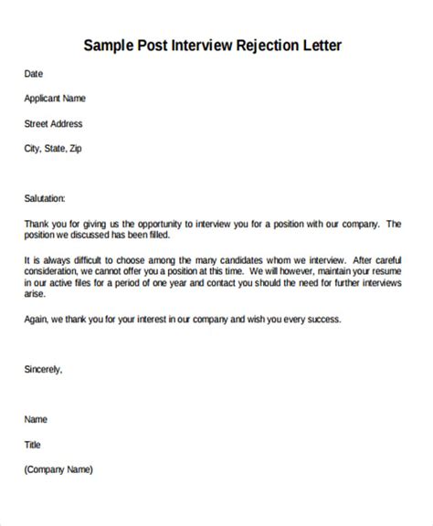 9 Professional Rejection Letter Free Sample Example Format Download