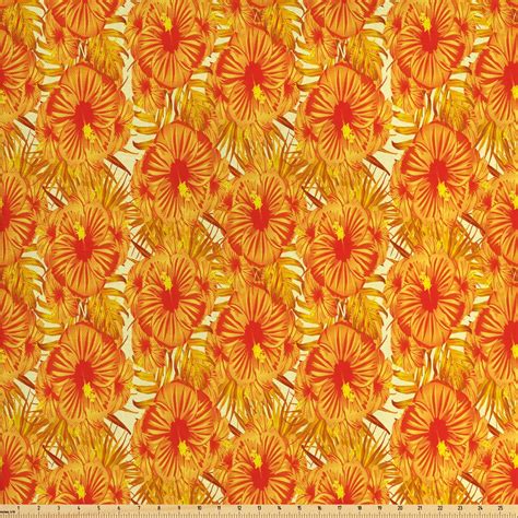 Orange Fabric By The Yard Tropic Summer Hibiscus And Monstera In Warm