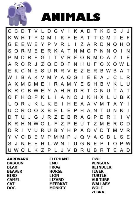 Kids study zone for class 1,2 and 3. Animal Word Search For Kids - Free Printable Download ...