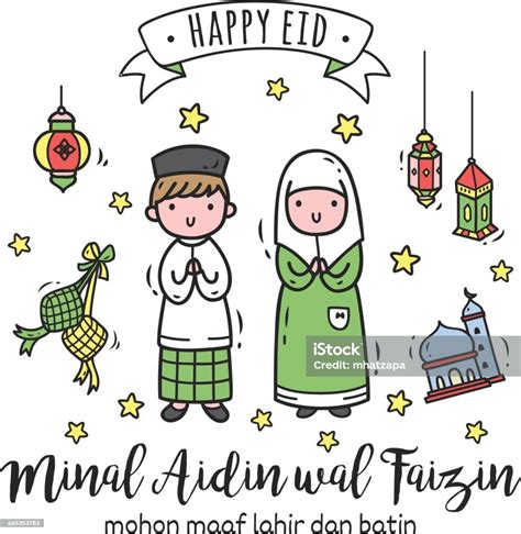 Eid Mubarak Or Idul Fitri Greeting Card In Cartoon Doodle Style Stock