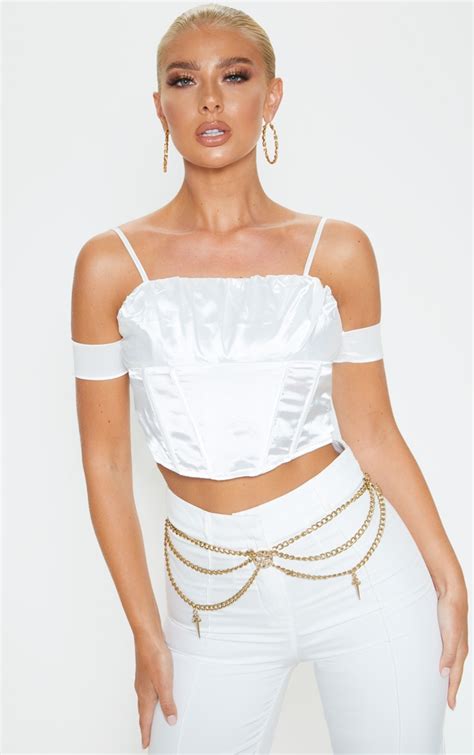 White Satin Ruched Bust Off The Shoulder Corset Prettylittlething Usa